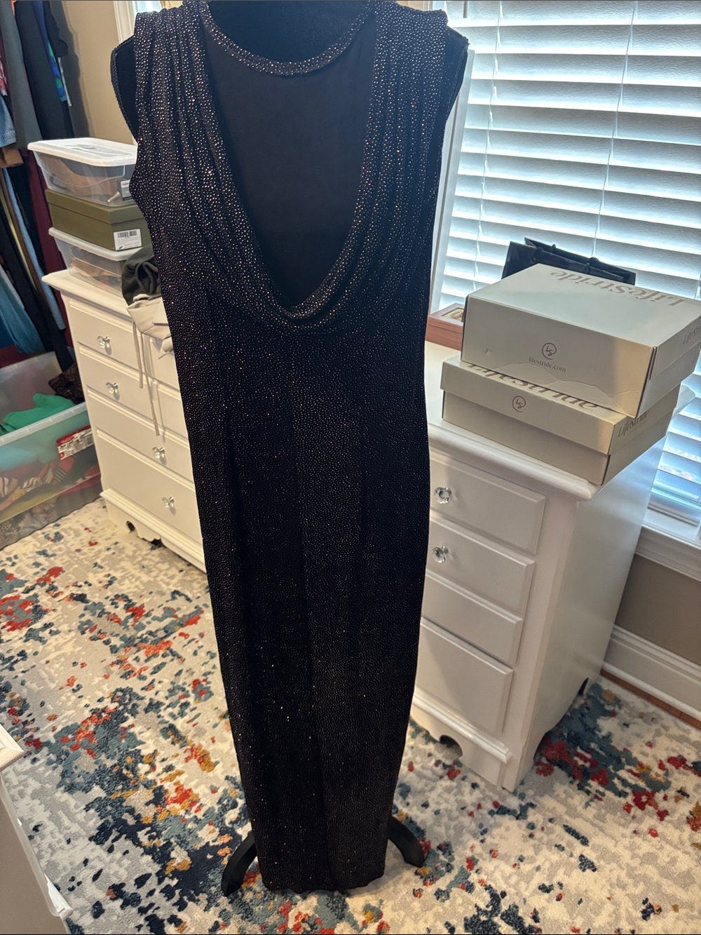Black Sparkle Draped Neck Evening Dress